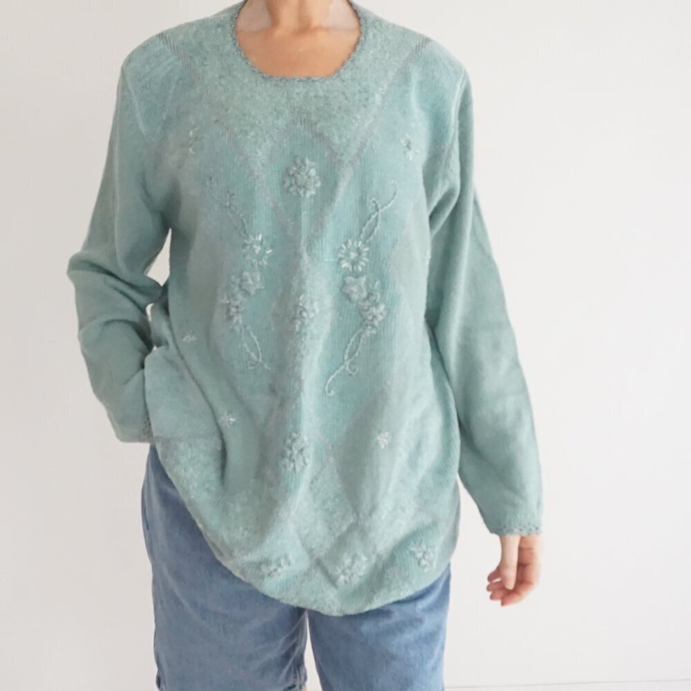 Vintage Koret Mint Floral Beaded Textured Knit Scallop Cottagecore Sweater L